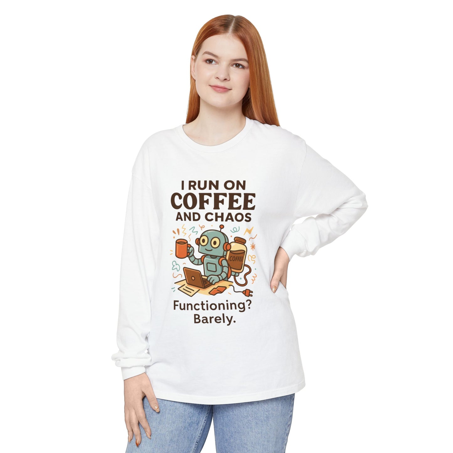 Coffee Chaos Long Sleeve Tee, Funny T-Shirt, Quirky Gift for Coffee Lovers, Unisex Top for Busy Lives, Work from Home Humor Tee