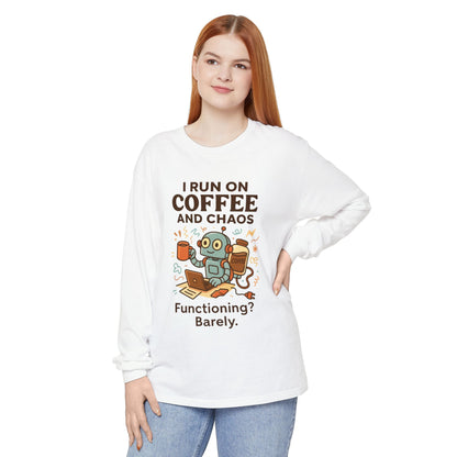 Coffee Chaos Long Sleeve Tee, Funny T-Shirt, Quirky Gift for Coffee Lovers, Unisex Top for Busy Lives, Work from Home Humor Tee