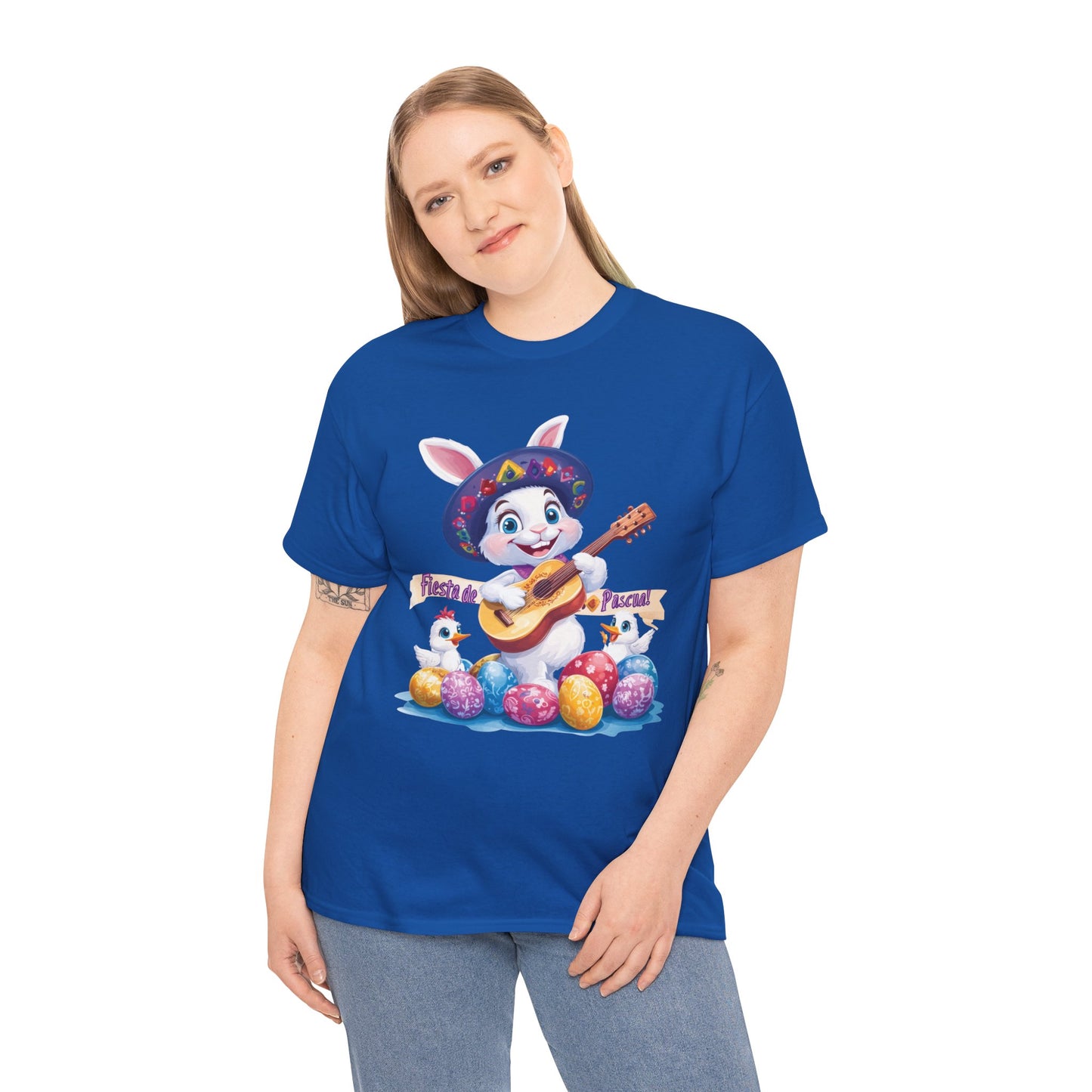 Fiesta de Pascua Bunny Shirt, Funny Easter Rabbit Playing Guitar Tee, Colorful Unisex Heavy Cotton T-Shirt, Cute Holiday Celebration Gift