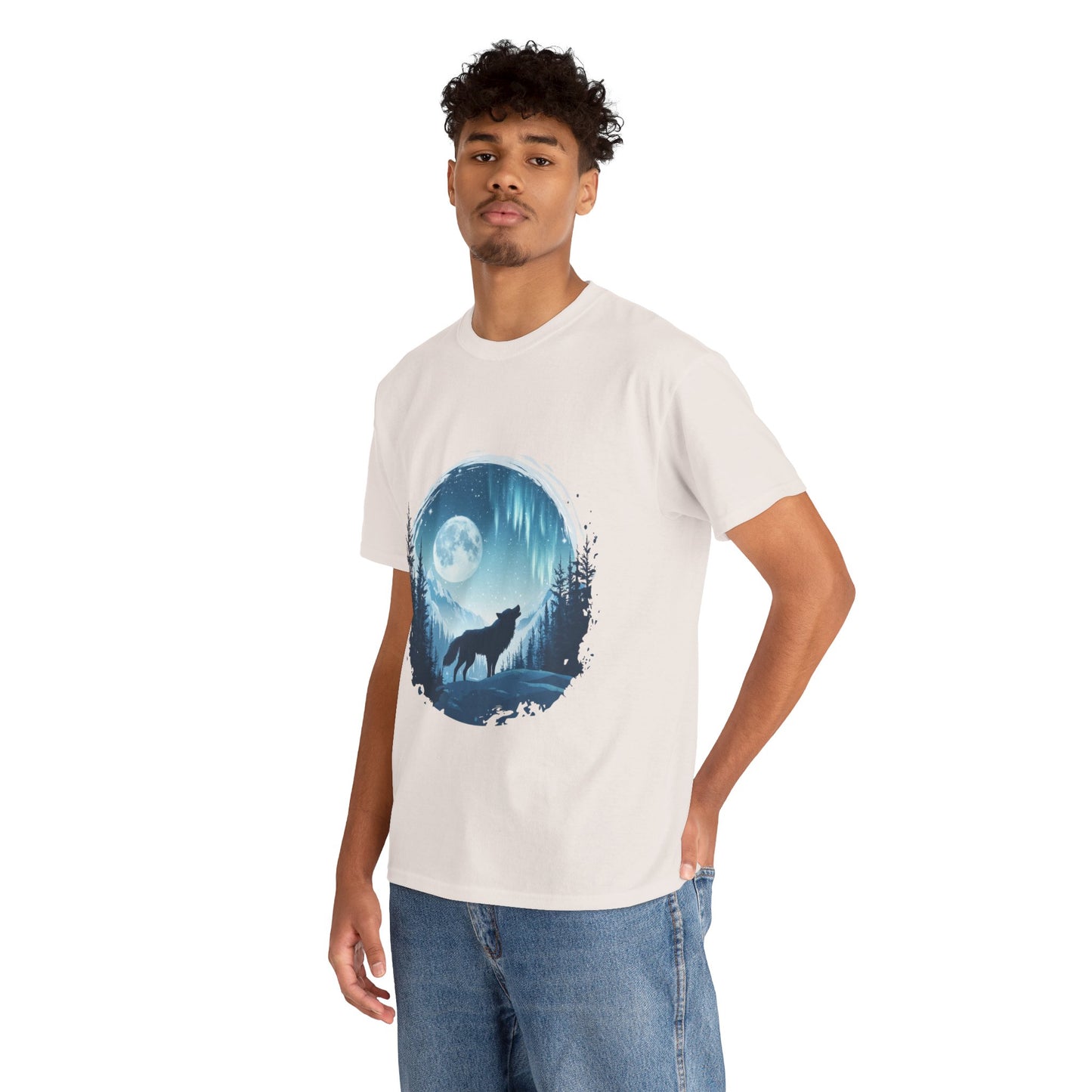 Howling Wolf Under Moonlight Men's T-Shirt, Full Moon Forest Scene Tee, Nature Lover Gift, Outdoor Adventure Clothing