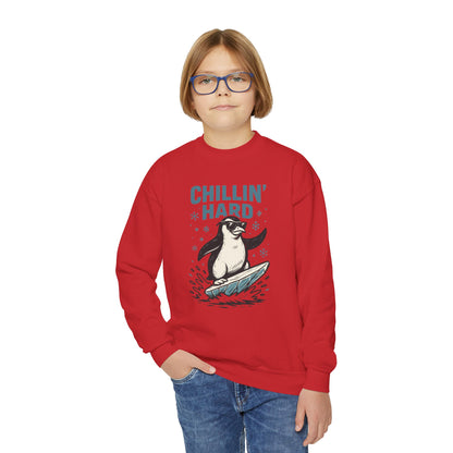 Youth Crewneck Sweatshirt, Kids Chillin Hard Penguin Sweatshirt, Funny Cool Animal Pullover for Children