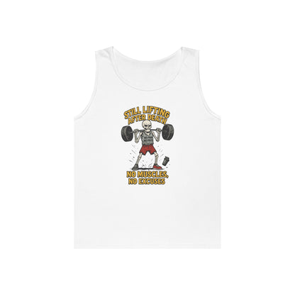 Funny Skeleton Gym Tank Top, Still Lifting After Death, Funny Workout Tee for Men, Fitness Gift, Halloween Apparel, Unisex Cotton Tank Top