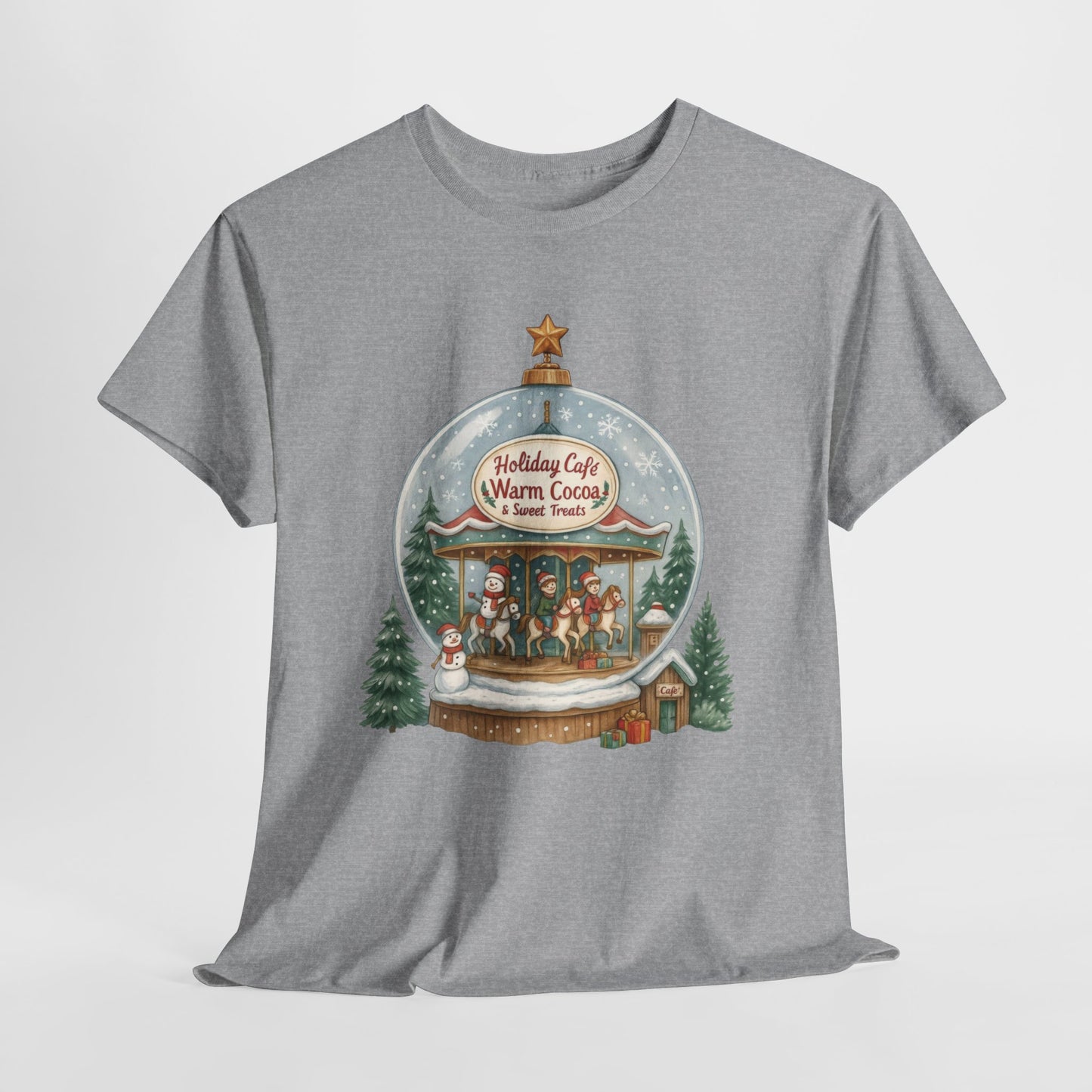 Holiday Café Christmas T-Shirt for Women, Warm Cocoa  Carousel Tee