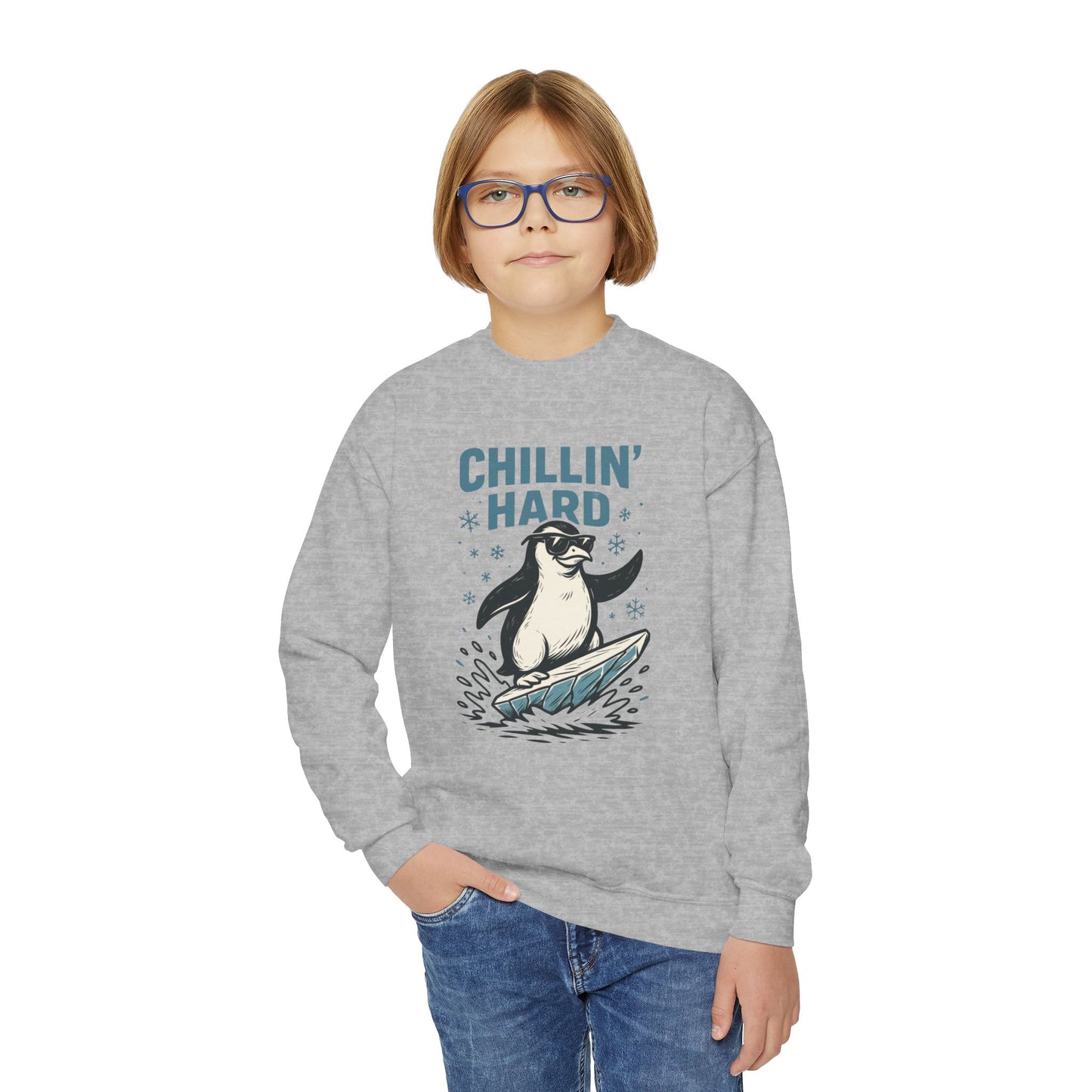 Youth Crewneck Sweatshirt, Kids Chillin Hard Penguin Sweatshirt, Funny Cool Animal Pullover for Children