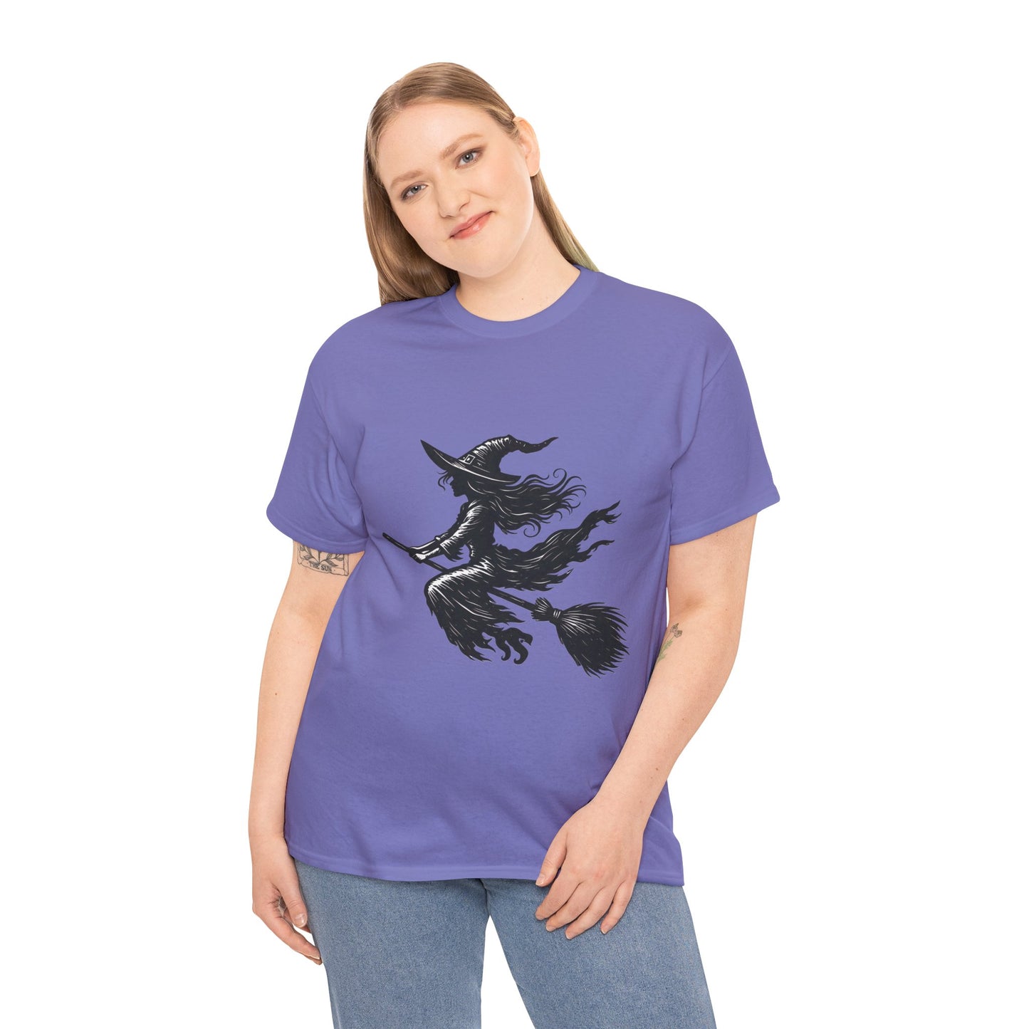 Flying Witch Silhouette Halloween T-Shirt for Women, Vintage Witch on Broom Tee, Spooky Gothic Fall Shirt, Minimal Black Witch Top
