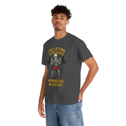 Funny Skeleton Gym T-Shirt, Still Lifting After Death, Funny Workout Shirt for Men, Fitness Gift, Halloween Apparel, Unisex Cotton Tee