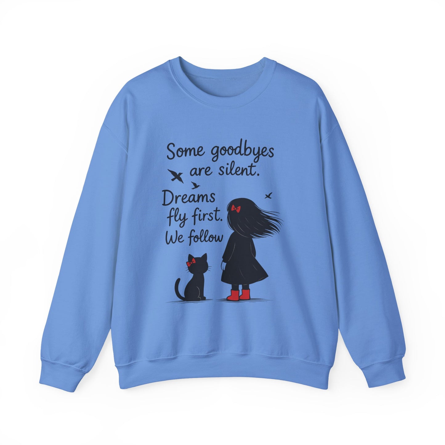 Cozy Farewell Girl & Cat Pullover, Hand Drawn Red Dress Art, Minimalist Womens Crewneck