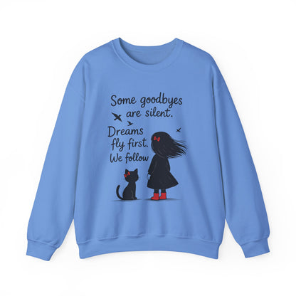 Cozy Farewell Girl & Cat Pullover, Hand Drawn Red Dress Art, Minimalist Womens Crewneck