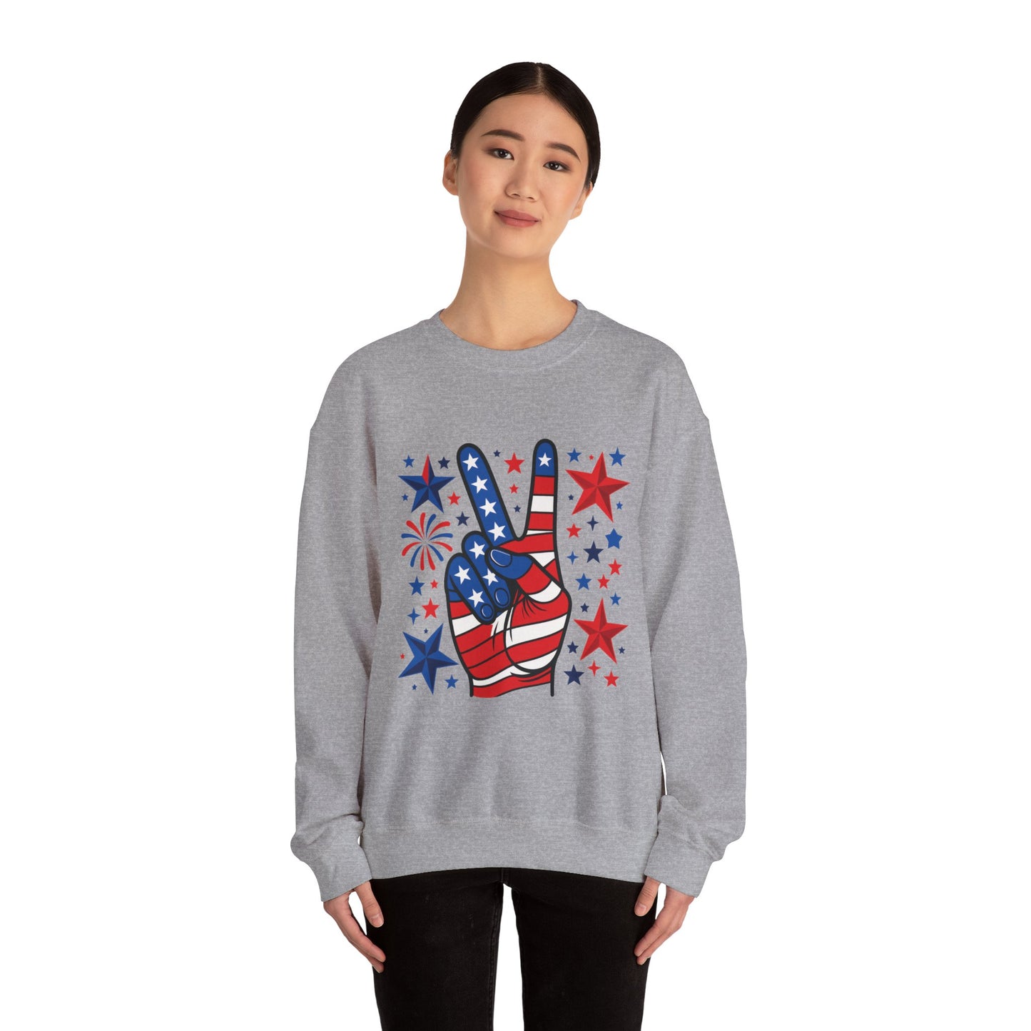 Patriotic Peace Crewneck Sweatshirt - Unisex Heavy Blend, 4th of July Clothing, Peace Sign Design, Casual Wear, Gift for Him/Her
