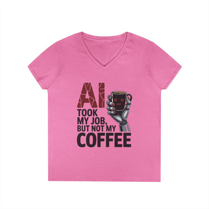 Ladies' V-Neck T-Shirt, Women's AI Coffee T-Shirt, Funny Robot Job Humor Tee, Geek Sarcastic Gift for Her, Sarcastic Work Shirt