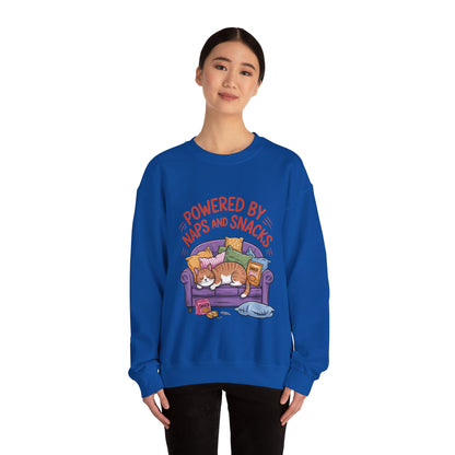 Powered by Naps and Snacks Sweatshirt, Cozy Lounge Crewneck, Gifts for Cat Lovers, Funny Cat Sweatshirt, Casual Everyday Wear