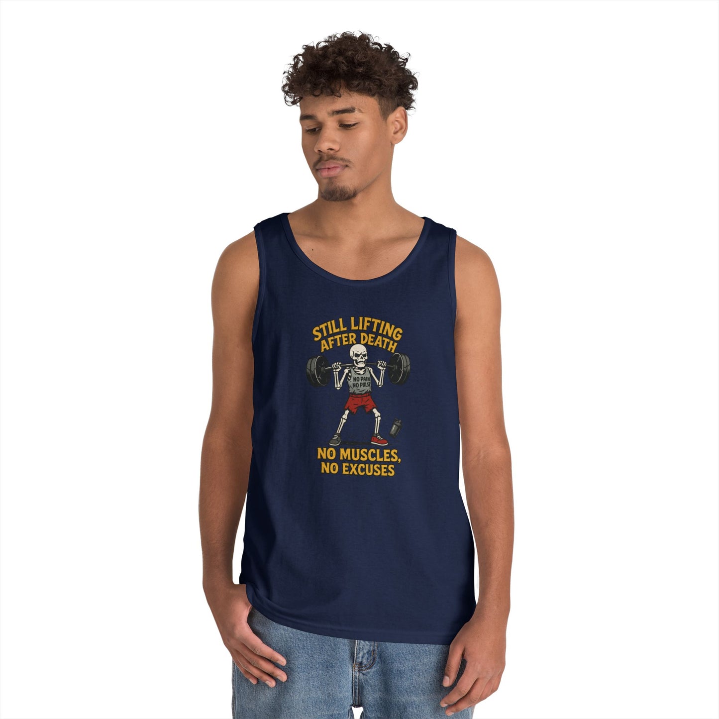 Funny Skeleton Gym Tank Top, Still Lifting After Death, Funny Workout Tee for Men, Fitness Gift, Halloween Apparel, Unisex Cotton Tank Top
