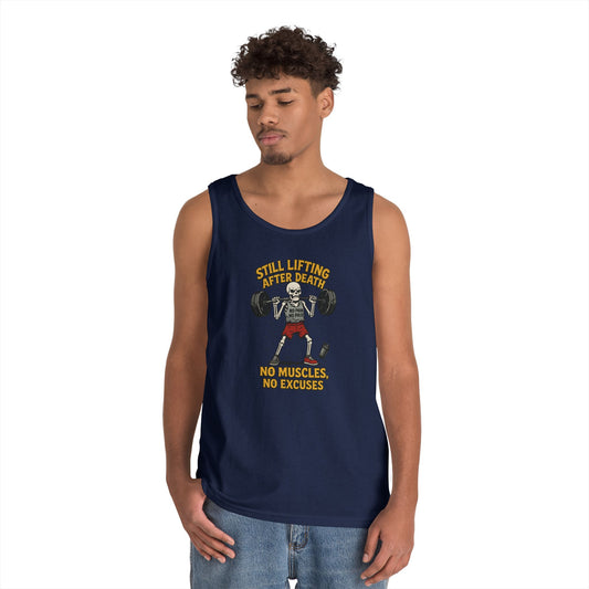 Funny Skeleton Gym Tank Top, Still Lifting After Death, Funny Workout Tee for Men, Fitness Gift, Halloween Apparel, Unisex Cotton Tank Top