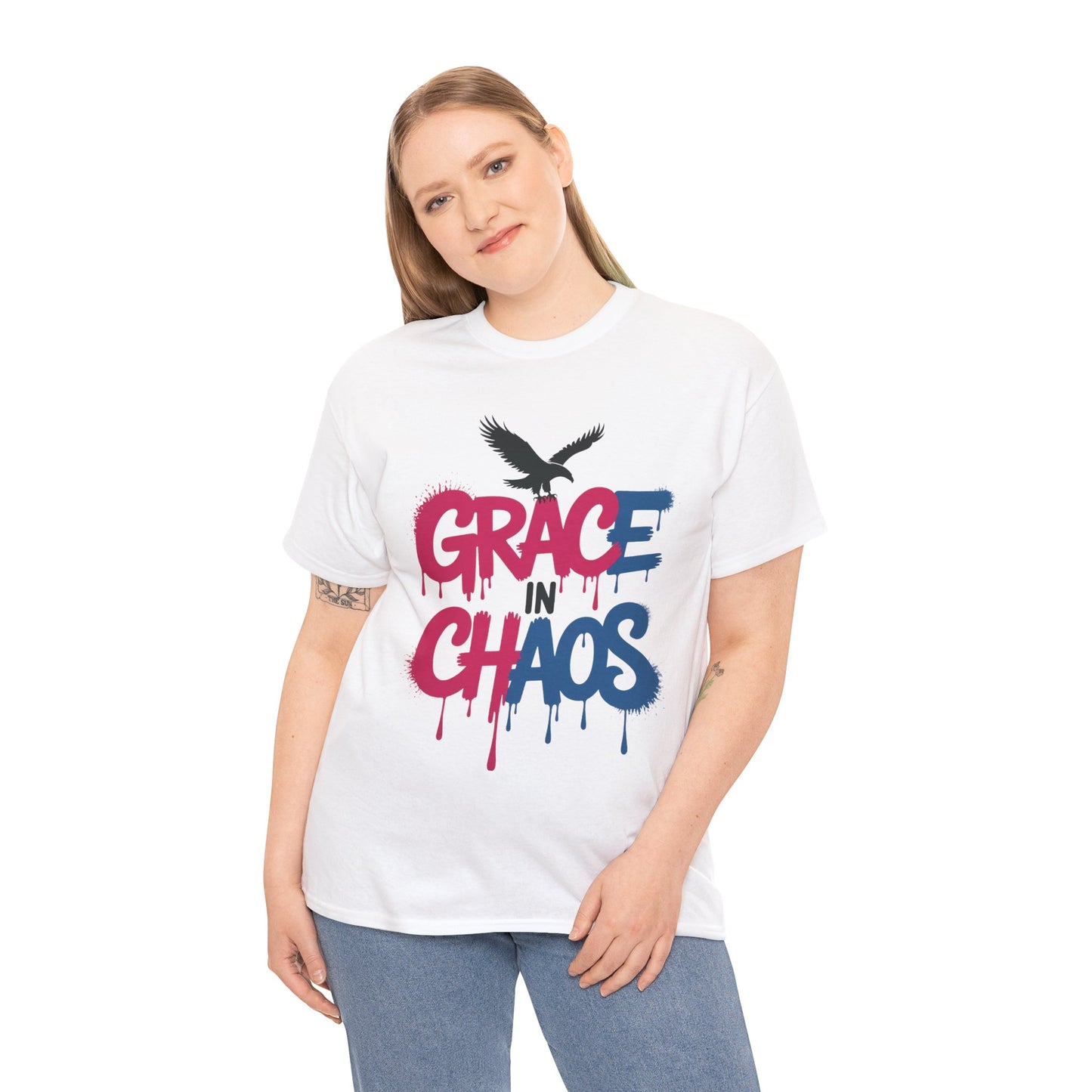 Womens Graffiti T-Shirt, Grace in Chaos Dripping Street Art Tee, Bold Urban Graphic Shirt