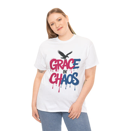 Womens Graffiti T-Shirt, Grace in Chaos Dripping Street Art Tee, Bold Urban Graphic Shirt