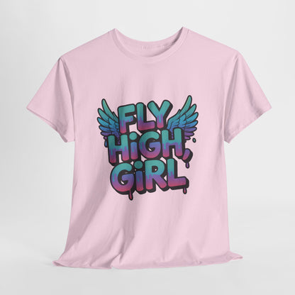 Womens Graphic Tee Fly High Girl, Angel Wings Graffiti Drip T-Shirt, Bold Streetwear Top