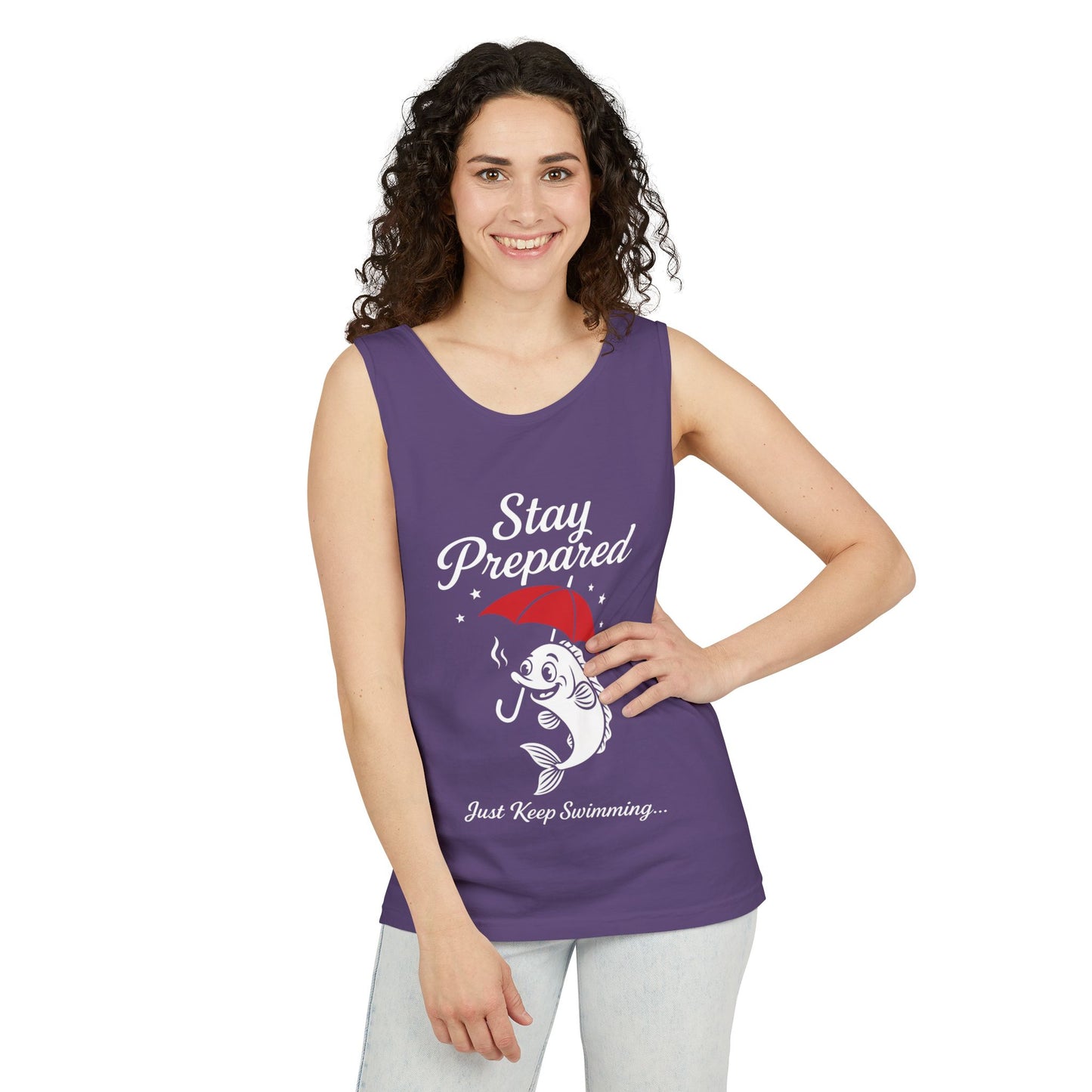Stay Prepared Fish Womens Tank Top - Funny Just Keep Swimming Sleeveless Shirt - Cute Nautical Summer Top, Beachwear, Pool Party Must-Have