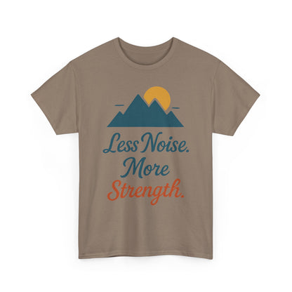 Mens Less Noise More Strength Mountain T-Shirt, Motivational Gym Hiking Tee