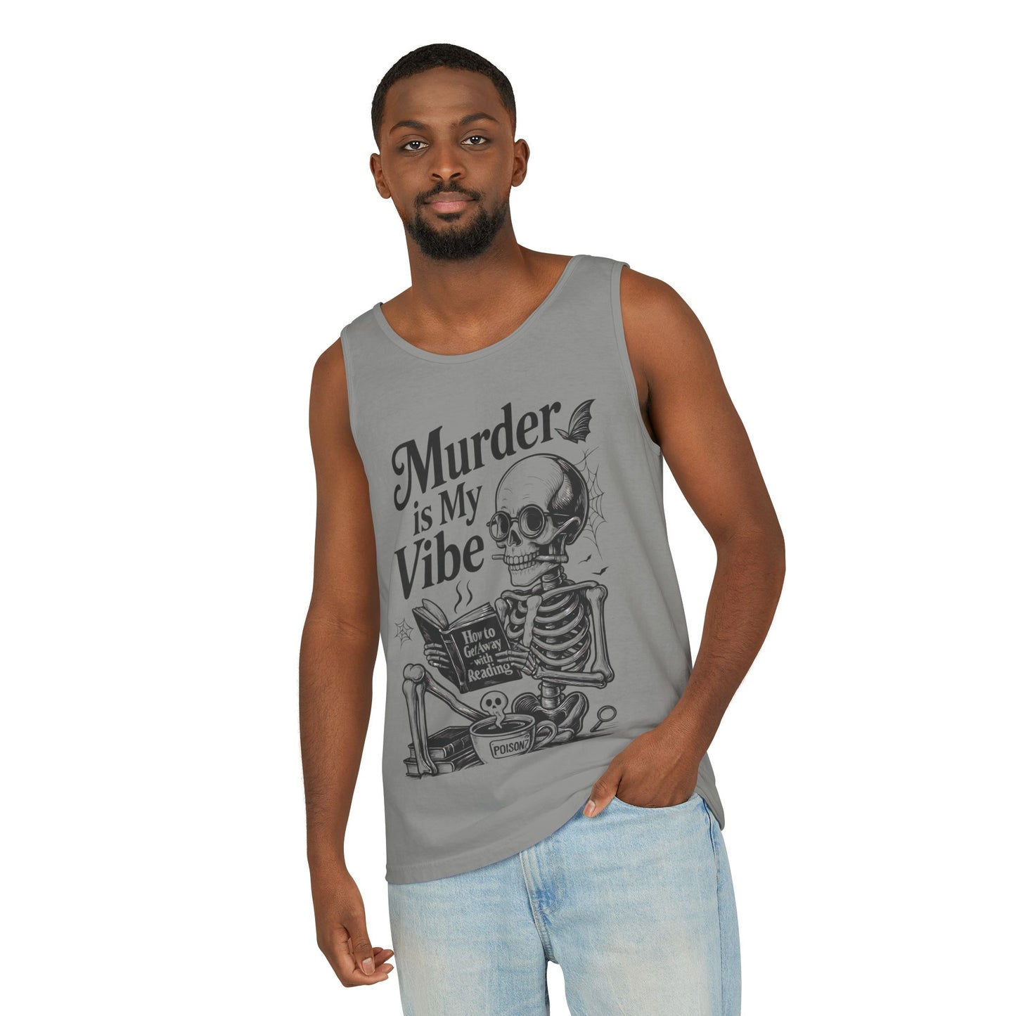 Murder Is My Vibe Tank Top, Mens Goth Tank, Halloween Clothing, Skeleton Graphic Tee, Cozy Casual Wear, Quirky Gift Idea