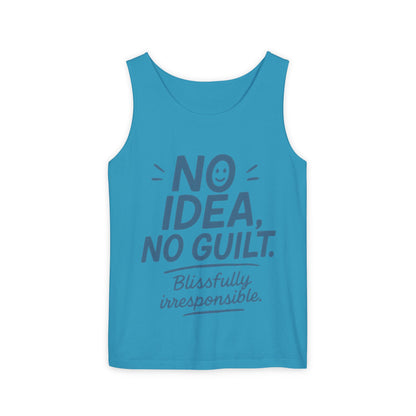Mens Funny Tank Top, No Idea No Guilt Quote, Blissfully Irresponsible Gym Shirt, Casual Sleeveless Top, , Fun Party Shirt