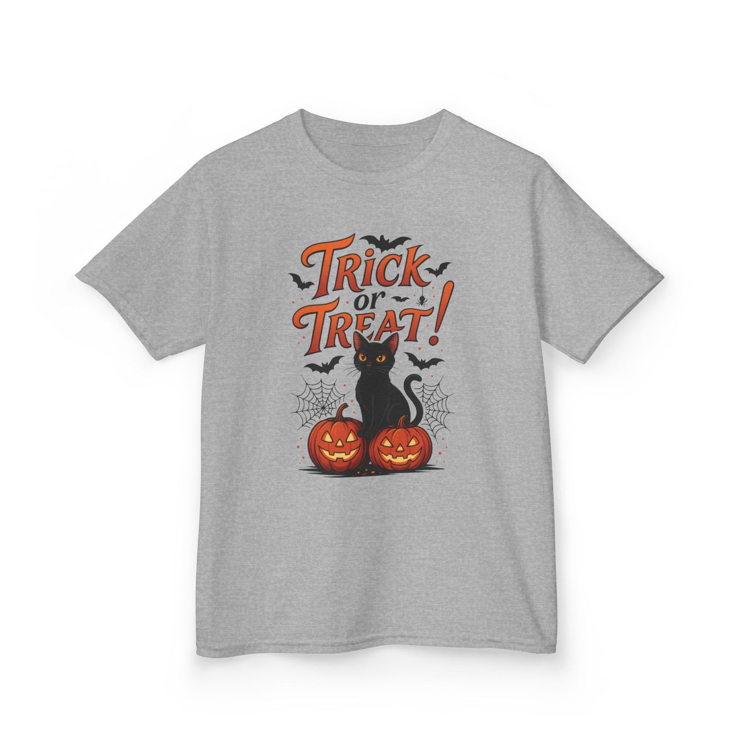 Cute Trick or Treat Black Cat T-Shirt for Girls Boys, Fun Spooky Halloween Tee, Pumpkin Cat Shirt for Kids, Fall Party Outfit