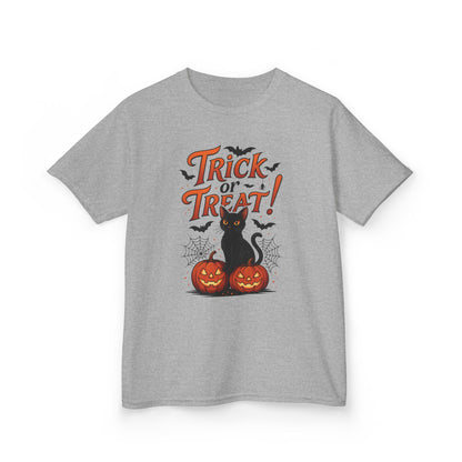 Cute Trick or Treat Black Cat T-Shirt for Girls Boys, Fun Spooky Halloween Tee, Pumpkin Cat Shirt for Kids, Fall Party Outfit