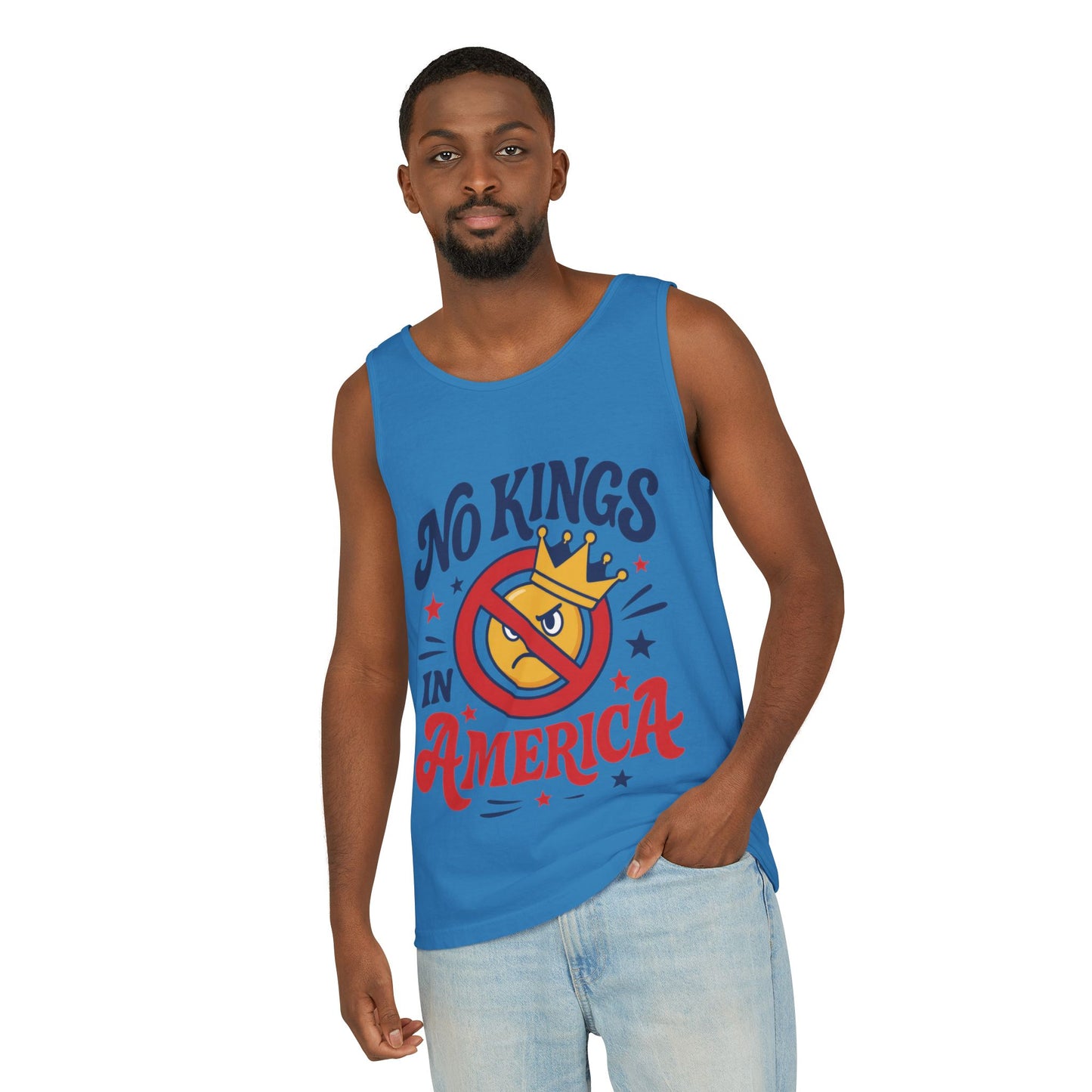 No Kings in America Tank Top - Funny Patriotic Anti Monarchy Sleeveless Shirt - USA Freedom Top, Unisex Summer Apparel, USA Independence Day