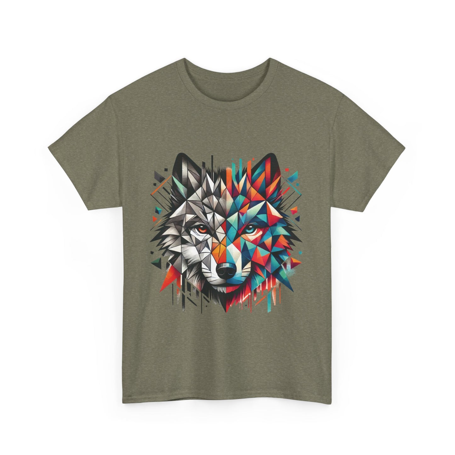 Geometric Wolf Tee, Heavy Cotton T-Shirt, Wildlife Lover Apparel, Unique Nature Wear, Artistic Wolf Design Tee