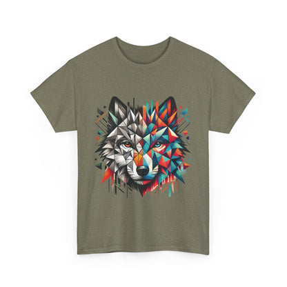 Geometric Wolf Tee, Heavy Cotton T-Shirt, Wildlife Lover Apparel, Unique Nature Wear, Artistic Wolf Design Tee