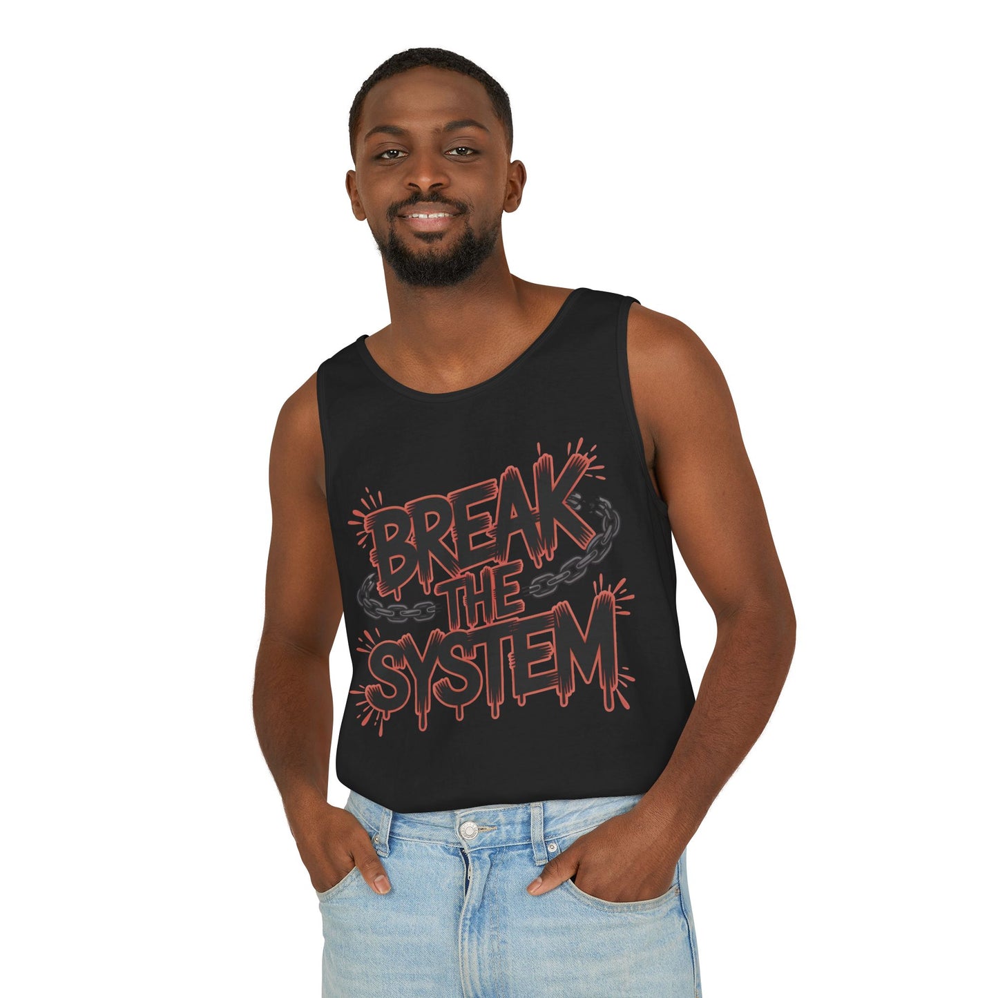 Men's Garment-Dyed Tank Top, Break the System Tank Top, Graphic Protest Muscle Tee, Streetwear Activist Summer Top
