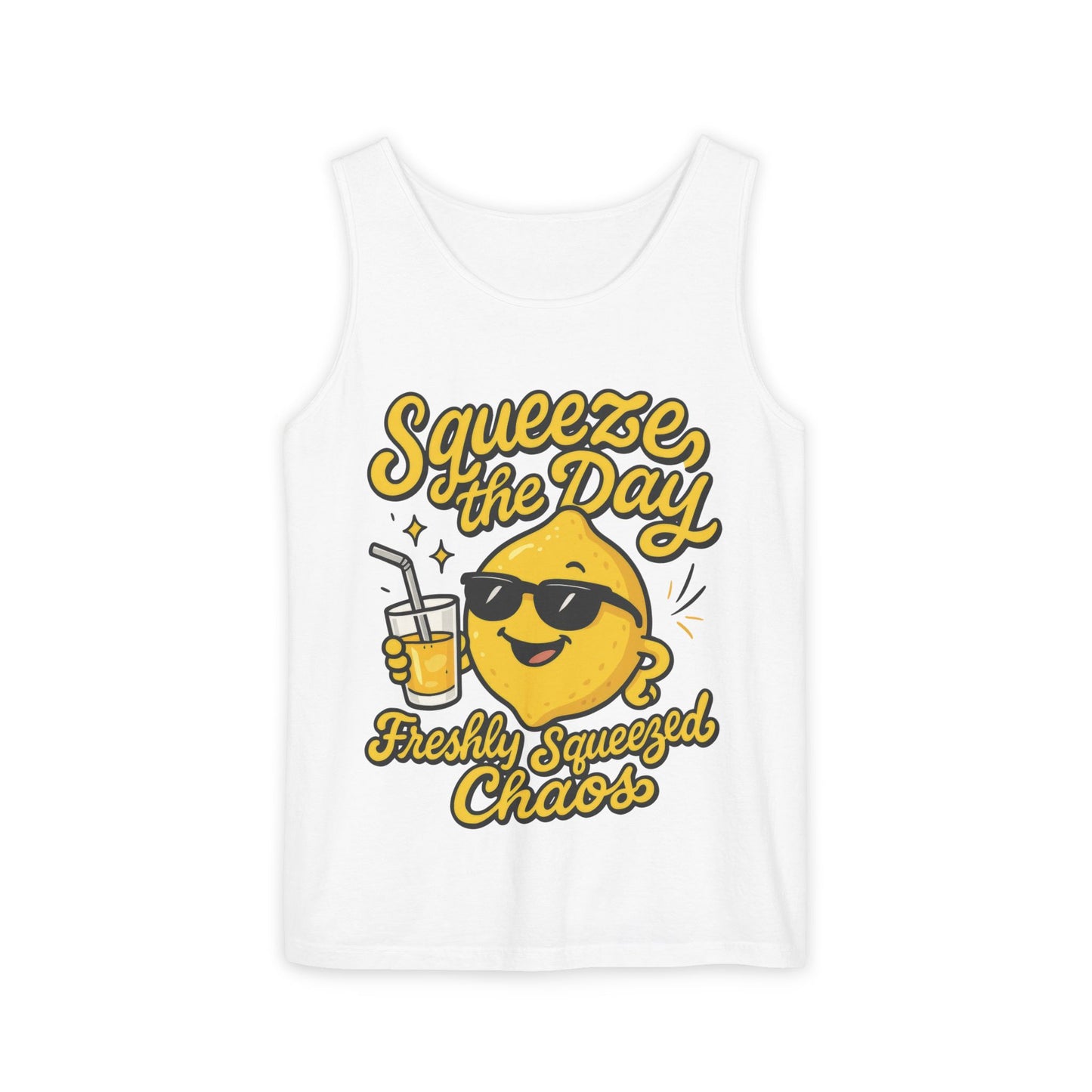 Squeeze The Day Womens Tank Top - Funny Lemon Pun Shirt - Freshly Squeezed Chaos Summer Citrus Top, Casual Beachwear, Fun Summer Apparel