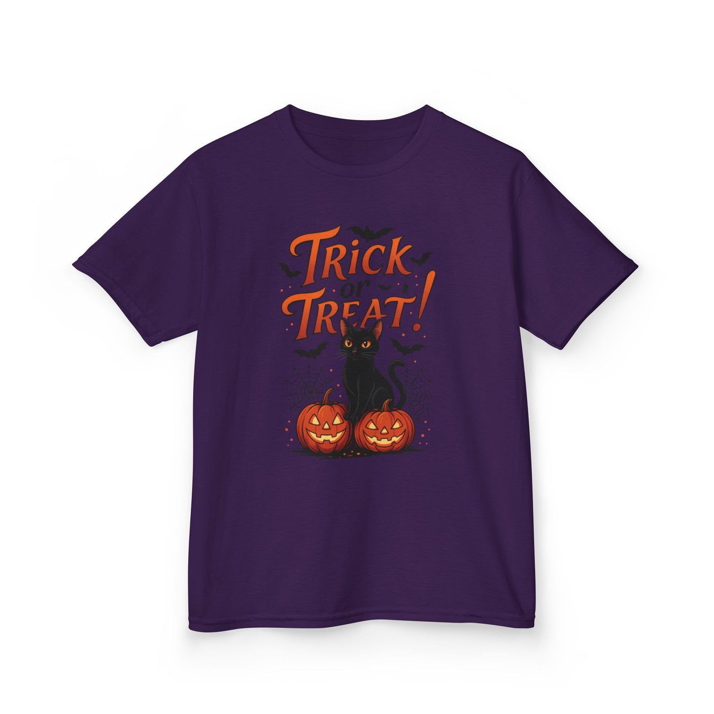 Cute Trick or Treat Black Cat T-Shirt for Girls Boys, Fun Spooky Halloween Tee, Pumpkin Cat Shirt for Kids, Fall Party Outfit