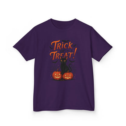 Cute Trick or Treat Black Cat T-Shirt for Girls Boys, Fun Spooky Halloween Tee, Pumpkin Cat Shirt for Kids, Fall Party Outfit