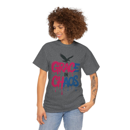 Womens Graffiti T-Shirt, Grace in Chaos Dripping Street Art Tee, Bold Urban Graphic Shirt