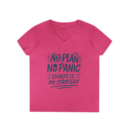 Ladies' V-Neck T-Shirt - "No Plan No Panic" Casual Tee, Everyday Wear, Gift for Friends, Relaxed Style, Funny Motivational Top