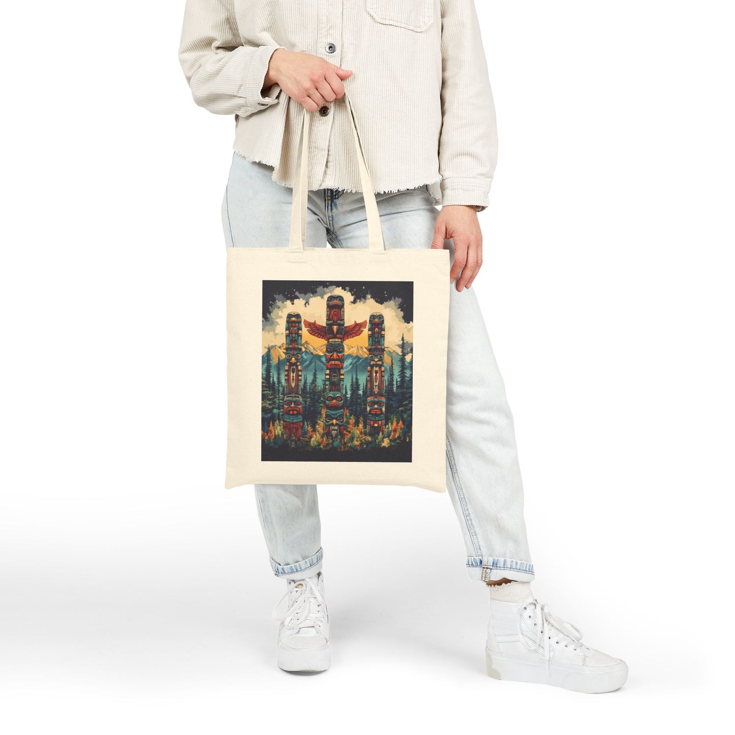 Totem Pole Canvas Tote Bag, Eco-Friendly Shopping Bag, Gift for Nature Lovers, Beach Tote, Reusable Grocery Bag, Boho Art