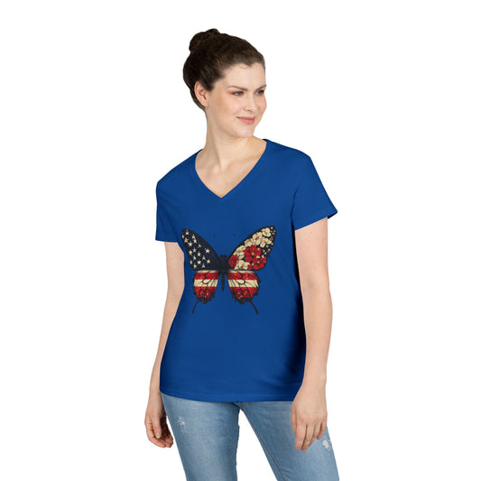 Patriotic Butterfly V-Neck T-Shirt, Summer Style, Gifts for Her, Independence Day, Casual Wear, Nature Lovers
