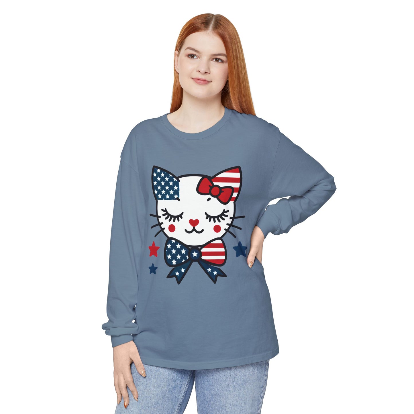 Patriotic Cat Long Sleeve T-Shirt, Women's Tee, Perfect for Fourth of July, Animal Lover Gift, Cozy Casual Wear, Holiday Apparel