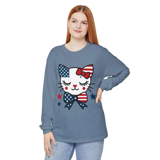 Patriotic Cat Long Sleeve T-Shirt, Women's Tee, Perfect for Fourth of July, Animal Lover Gift, Cozy Casual Wear, Holiday Apparel