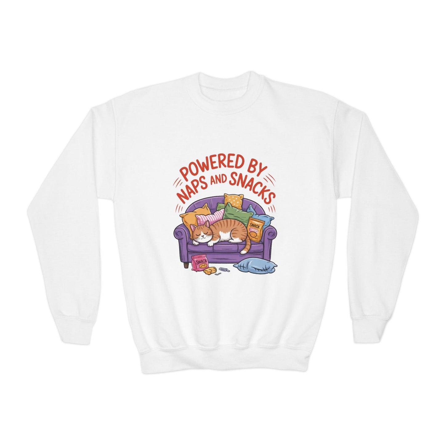 Youth Sweatshirt - Powered by Naps and Snacks, Cozy Apparel for Kids, Perfect for Chill Days, Gift for Cat Lovers, Funny Sweatshirt
