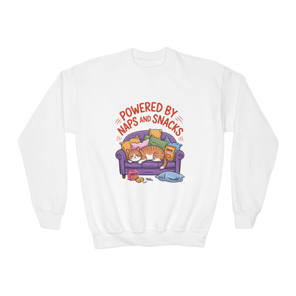 Youth Sweatshirt - Powered by Naps and Snacks, Cozy Apparel for Kids, Perfect for Chill Days, Gift for Cat Lovers, Funny Sweatshirt