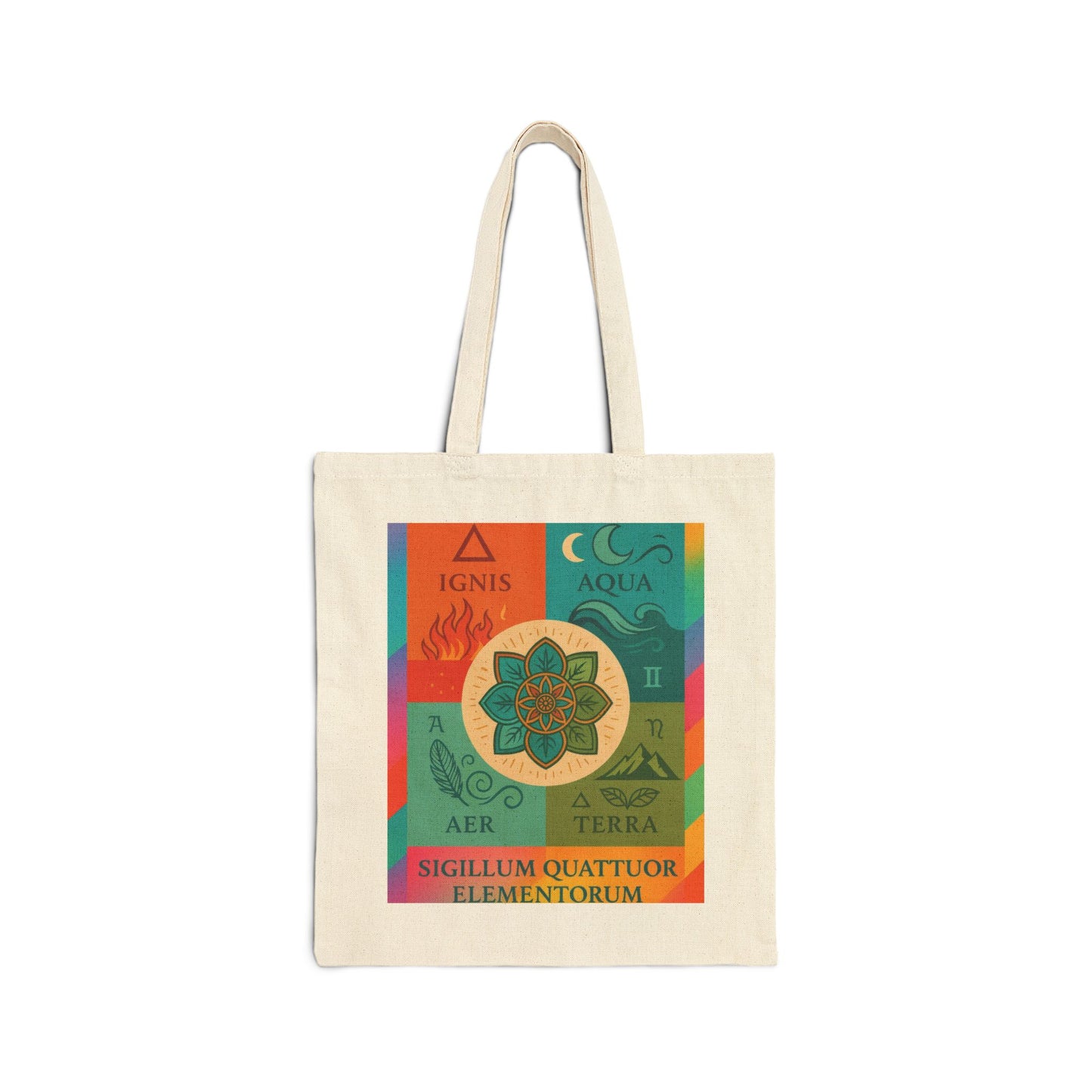 Four Elements Mandala Tote Bag, Fire, Water, Air, Earth Illustrated Symbolic Canvas Bag, Spiritual Boho Elemental Series Gift, Art Tote