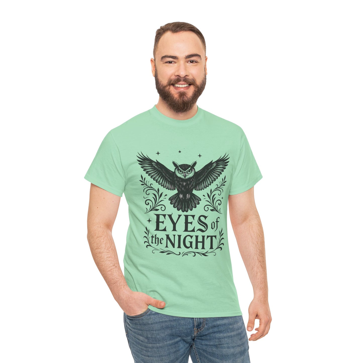 Cool Owl Graphic Unisex Heavy Cotton Tee, Flying Owl Art T-Shirt, Animal Print Tee, Gothic Bird Graphic Tee, Mens Gothic Style Shirt