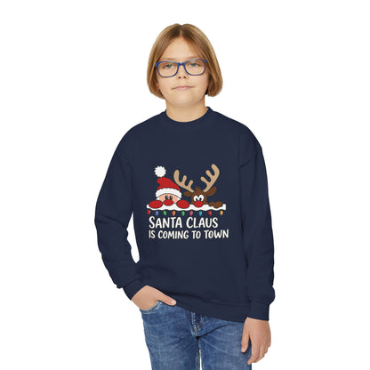 Santa Claus Is Coming to Town Kids Christmas Sweatshirt, Cute Santa - Reindeer Holiday Jumper