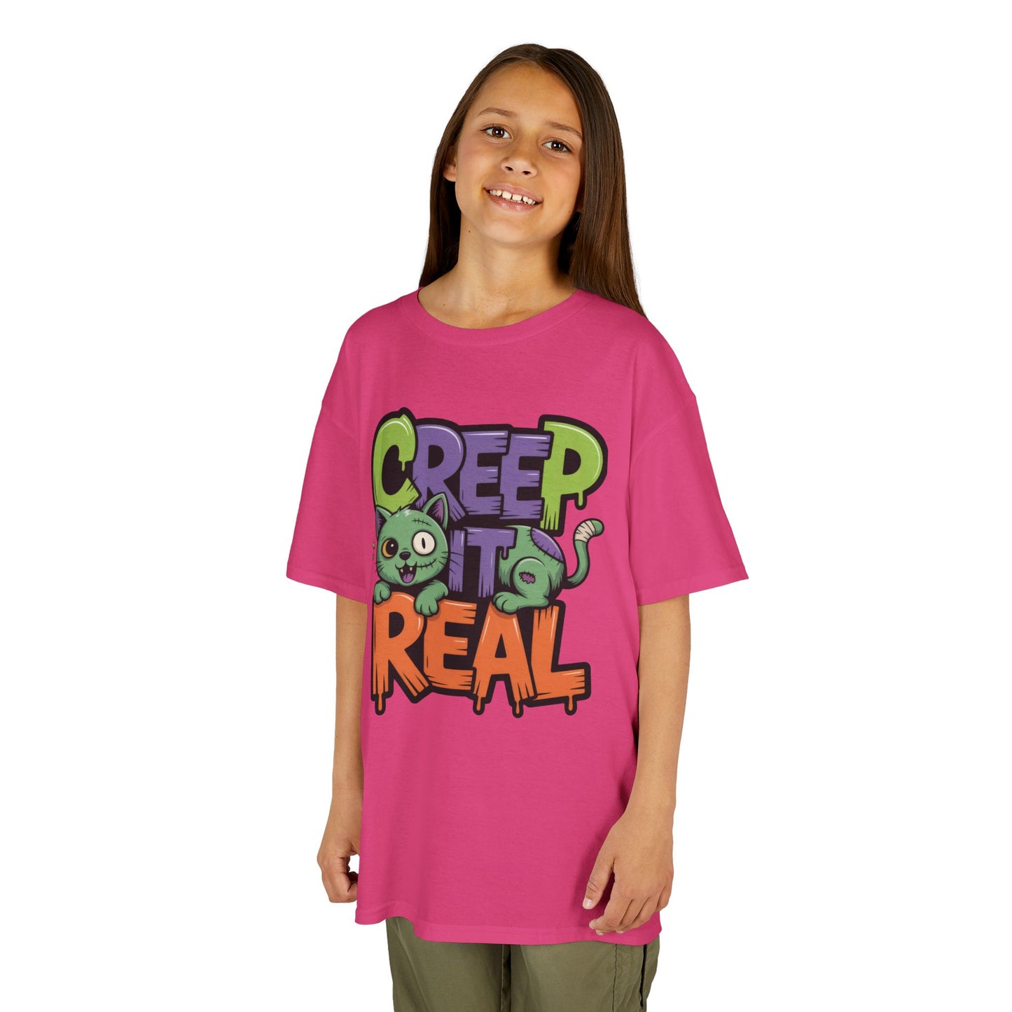 Creep It Real Kids Halloween Shirt, Cute Zombie Cat Graffiti Style T-Shirt for Boys & Girls
