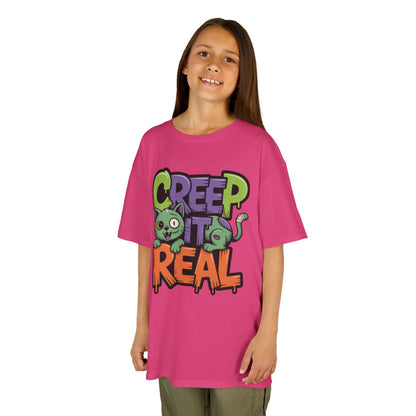 Creep It Real Kids Halloween Shirt, Cute Zombie Cat Graffiti Style T-Shirt for Boys & Girls