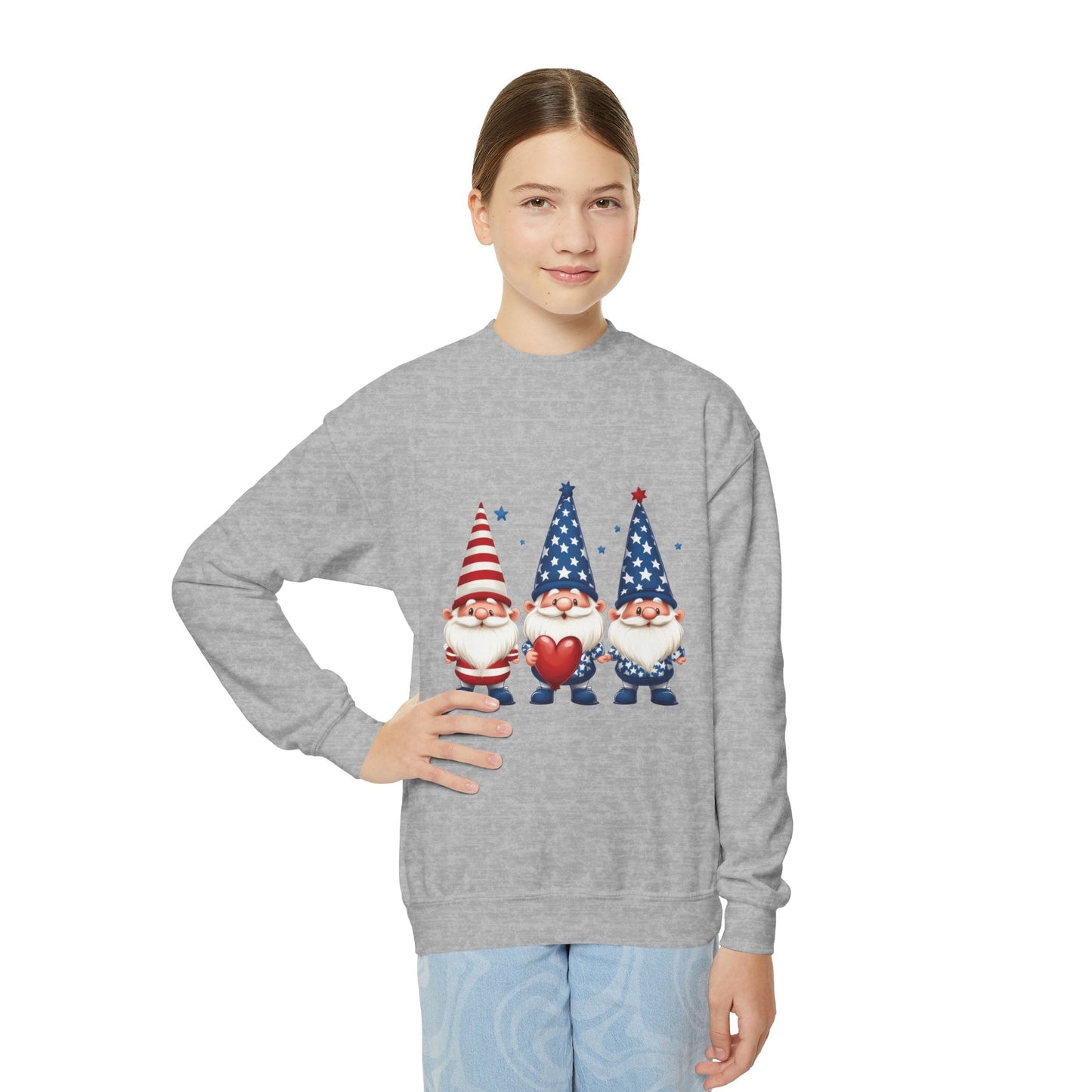 Patriotic Gnome Youth Crewneck Sweatshirt, 4th of July Sweatshirt, Cute Gnome Pullover, Summer Camp Outfit, Kids Holiday Apparel
