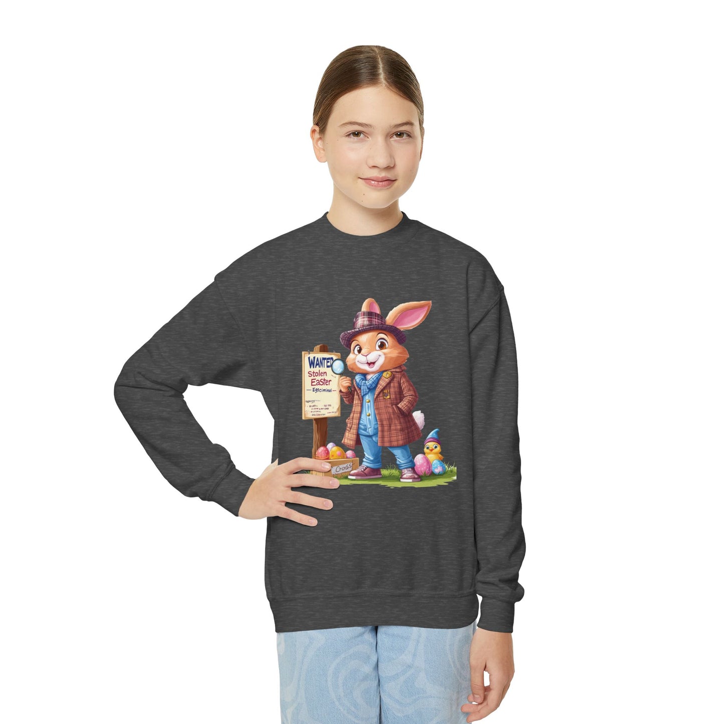 Easter Bunny Detective Kids Sweatshirt - Fun Egg Hunt Design, Cute Spring Holiday Outfit, Youth Crewneck for Boys & Girls, Easter Gift