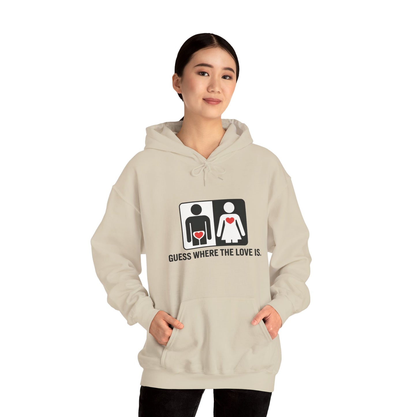 Cute Guess Where The Love Is Mens Hoodie, Sweatshirt for Couples, Valentines Day Gift, Relationship Humor Hoodie, Bold Love Joke Hoodie
