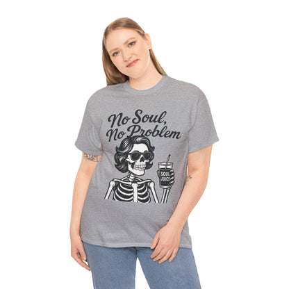 No Soul No Problem Skeleton T-Shirt for Women, Funny Gothic Skull Tee, Dark Humor Halloween Shirt, Spooky Retro Skeleton Top